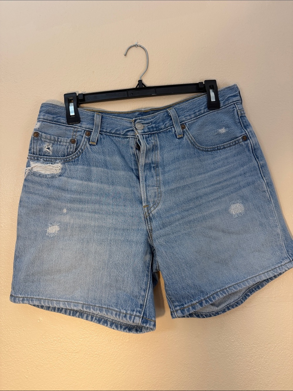 Levi's Light Blue Distressed High-Rise Denim Shorts
